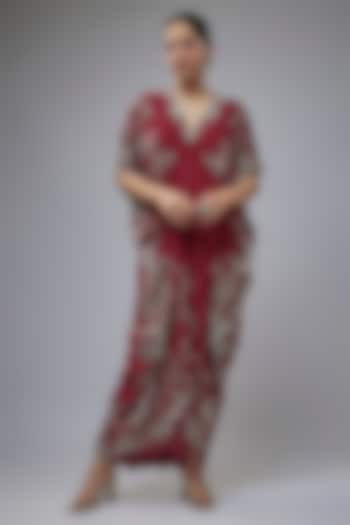 Burgundy Silk Mirror Embroidered Kaftan Maxi Dress by Nupur Kanoi at Pernia's Pop Up Shop