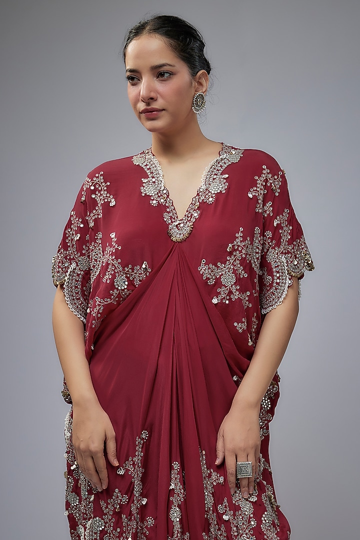 Burgundy Silk Mirror Embroidered Kaftan Maxi Dress by Nupur Kanoi at Pernia's Pop Up Shop