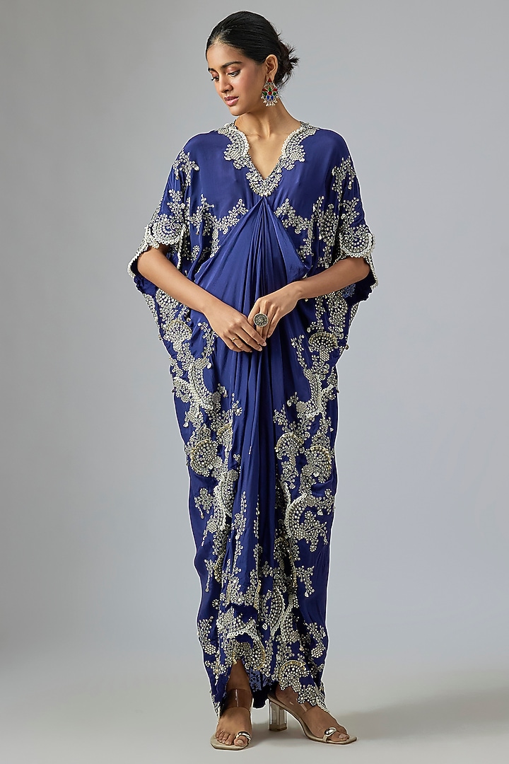 Navy Blue Crepe Hand Embroidered Kaftan Dress by Nupur Kanoi at Pernia's Pop Up Shop