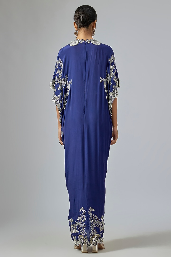 Navy Blue Crepe Hand Embroidered Kaftan Dress by Nupur Kanoi at Pernia's Pop Up Shop