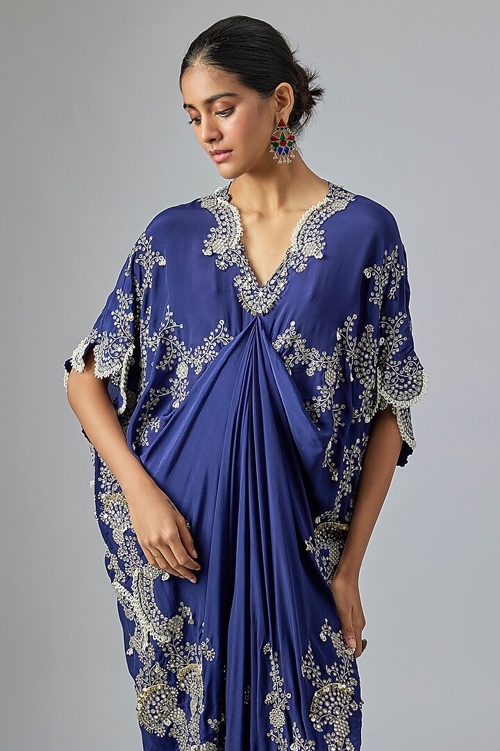 Navy Blue Crepe Hand Embroidered Kaftan Dress by Nupur Kanoi at Pernia's Pop Up Shop