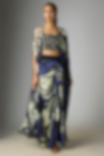 Navy Blue Satin & Chiffon Printed Skirt Set by Nupur Kanoi at Pernia's Pop Up Shop