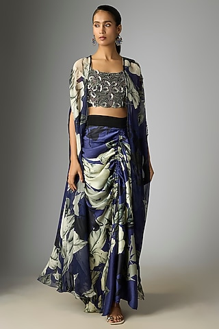 Navy Blue Satin & Chiffon Printed Skirt Set by Nupur Kanoi