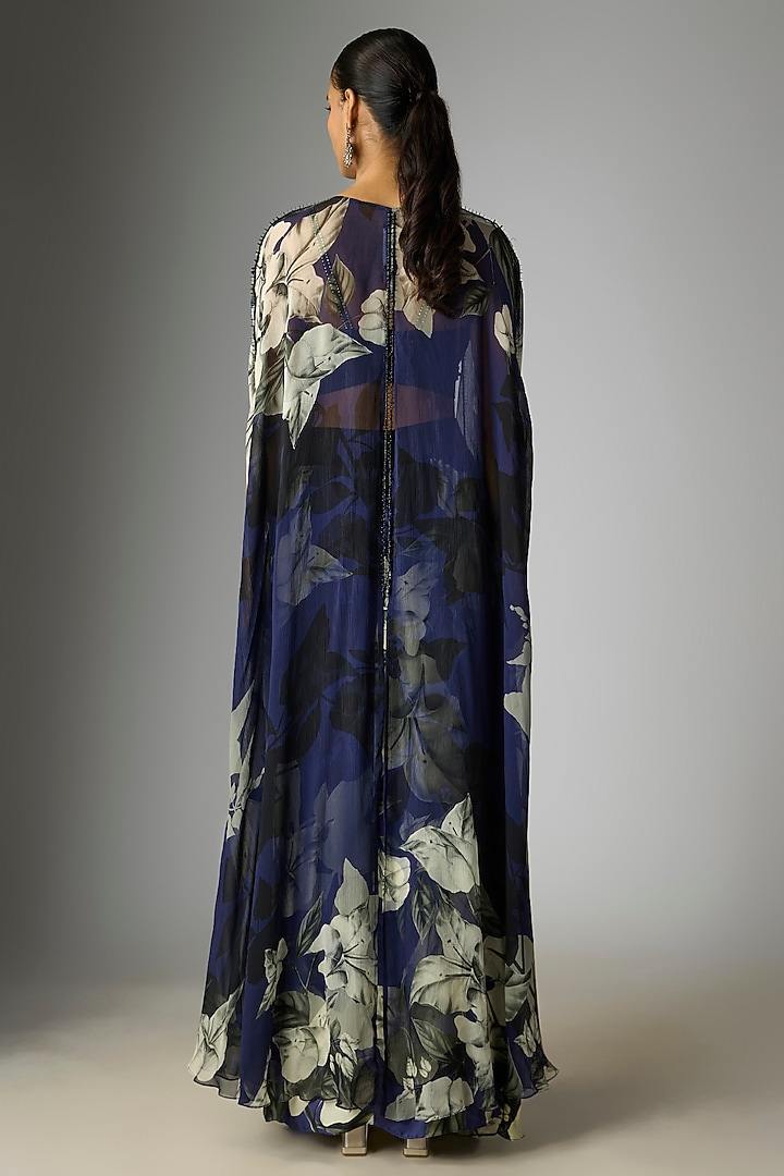 Navy Blue Satin & Chiffon Printed Skirt Set by Nupur Kanoi at Pernia's Pop Up Shop