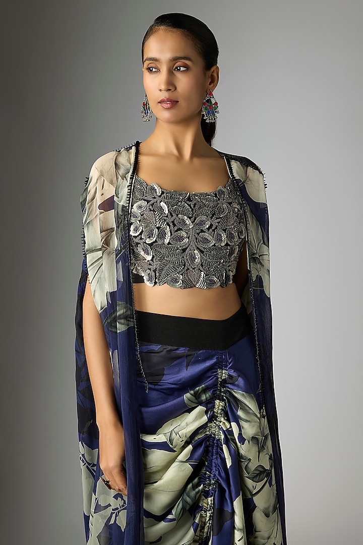 Navy Blue Satin & Chiffon Printed Skirt Set by Nupur Kanoi at Pernia's Pop Up Shop