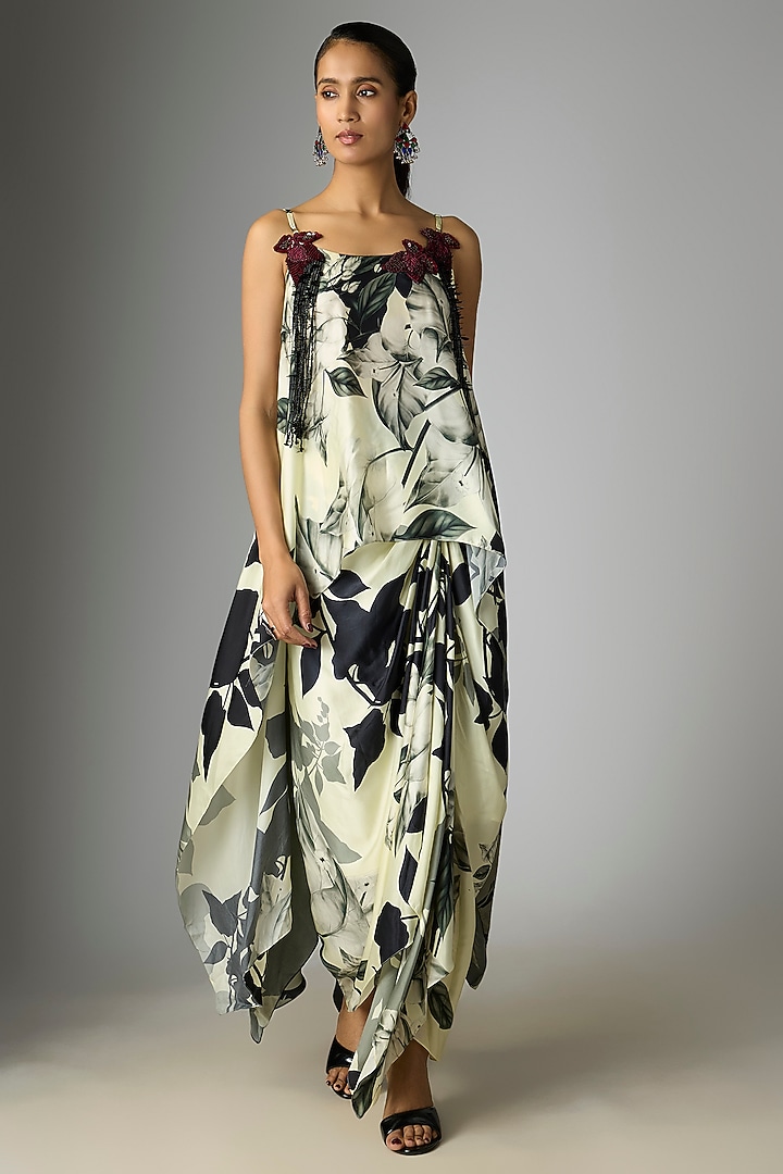 Off-White Satin Printed Side Knotted Skirt Set by Nupur Kanoi at Pernia's Pop Up Shop