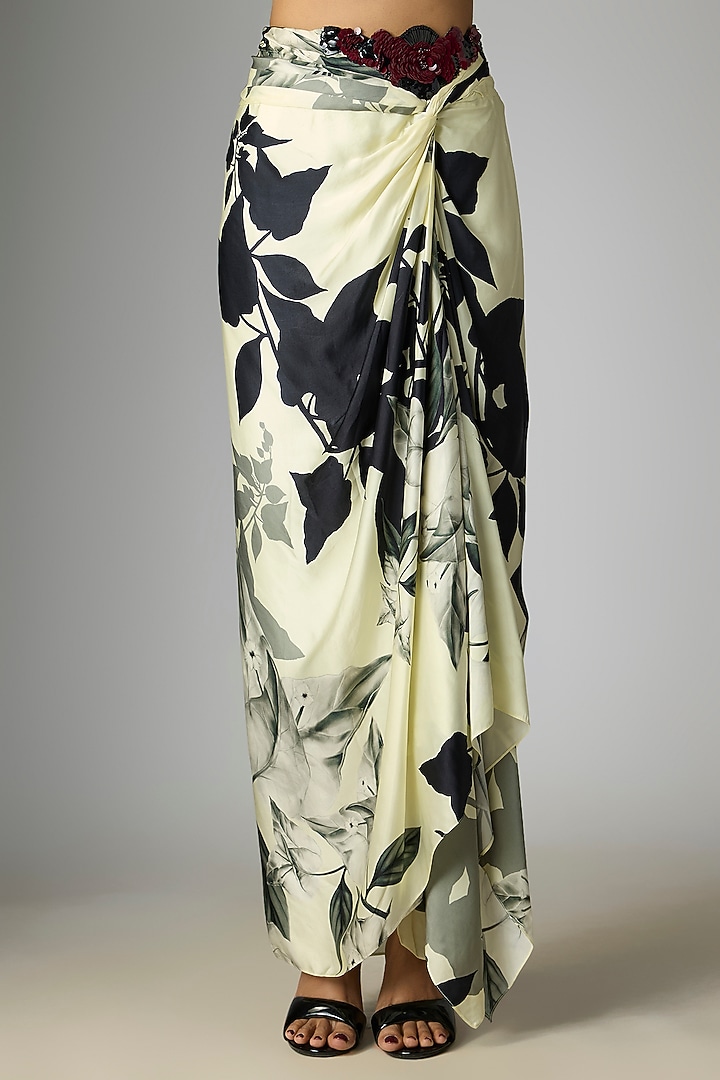 Off-White Satin Printed Side Knotted Skirt Set by Nupur Kanoi at Pernia's Pop Up Shop