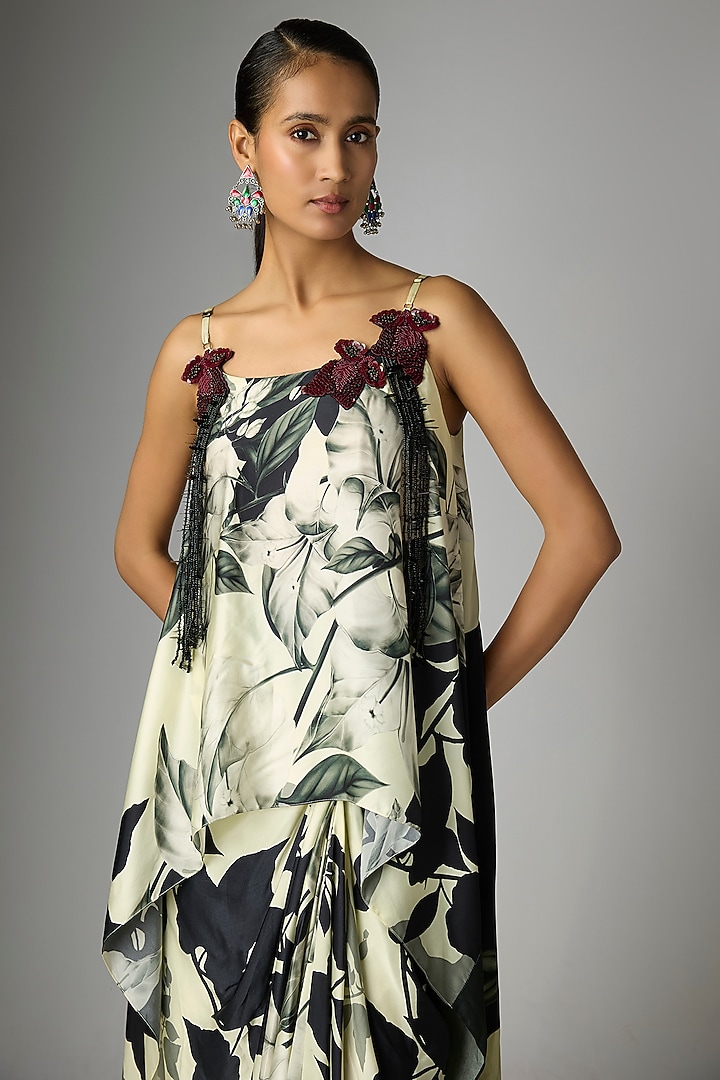 Off-White Satin Printed Side Knotted Skirt Set by Nupur Kanoi at Pernia's Pop Up Shop