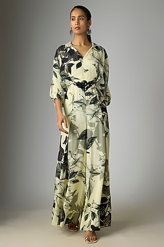 Off-White Crepe Printed Kimono Jumpsuit by Nupur Kanoi