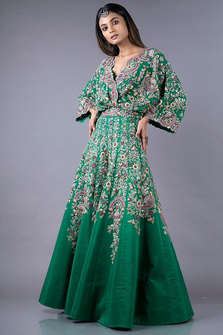 Green Hand Embroidered Kaftan Kali Jumpsuit by Nupur Kanoi at Pernia's Pop Up Shop