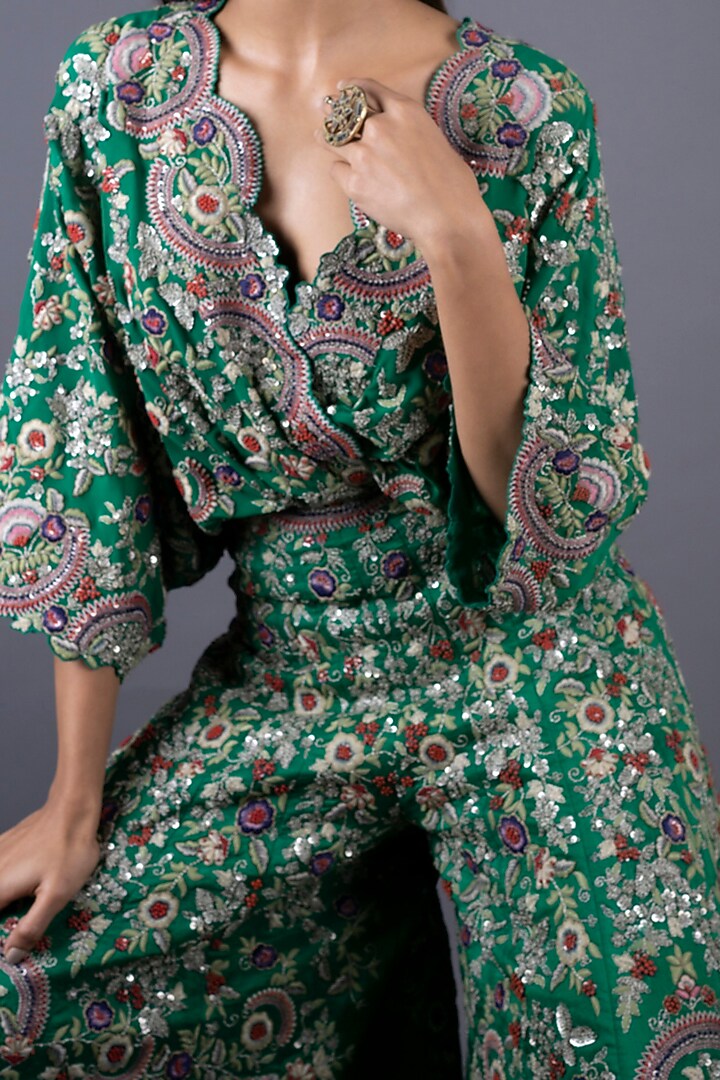 Green Hand Embroidered Kaftan Kali Jumpsuit by Nupur Kanoi at Pernia's Pop Up Shop