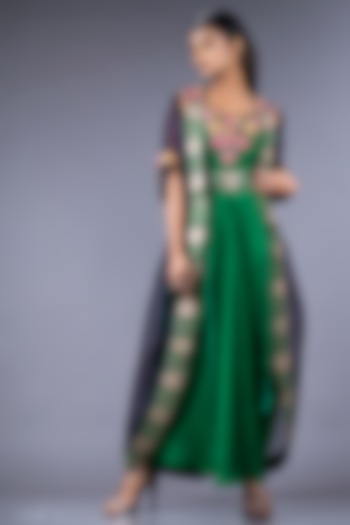 Green And Purple Embroidered Jumpsuit With Jacket by Nupur Kanoi