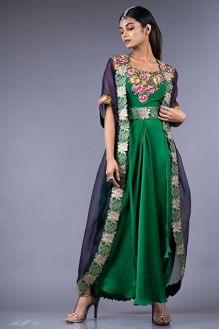 Green And Purple Embroidered Jumpsuit With Jacket by Nupur Kanoi