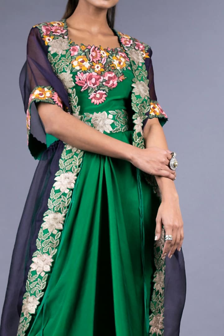 Green And Purple Embroidered Jumpsuit With Jacket by Nupur Kanoi at Pernia's Pop Up Shop