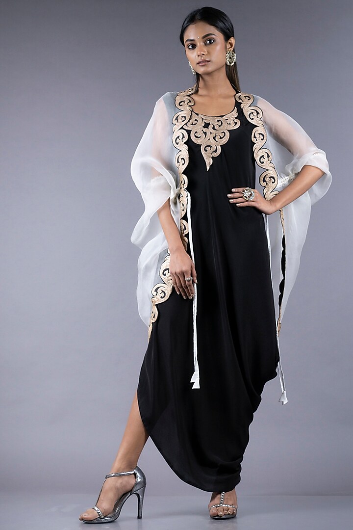 Black Hand Embroidered Sack Dress With Jacket by Nupur Kanoi