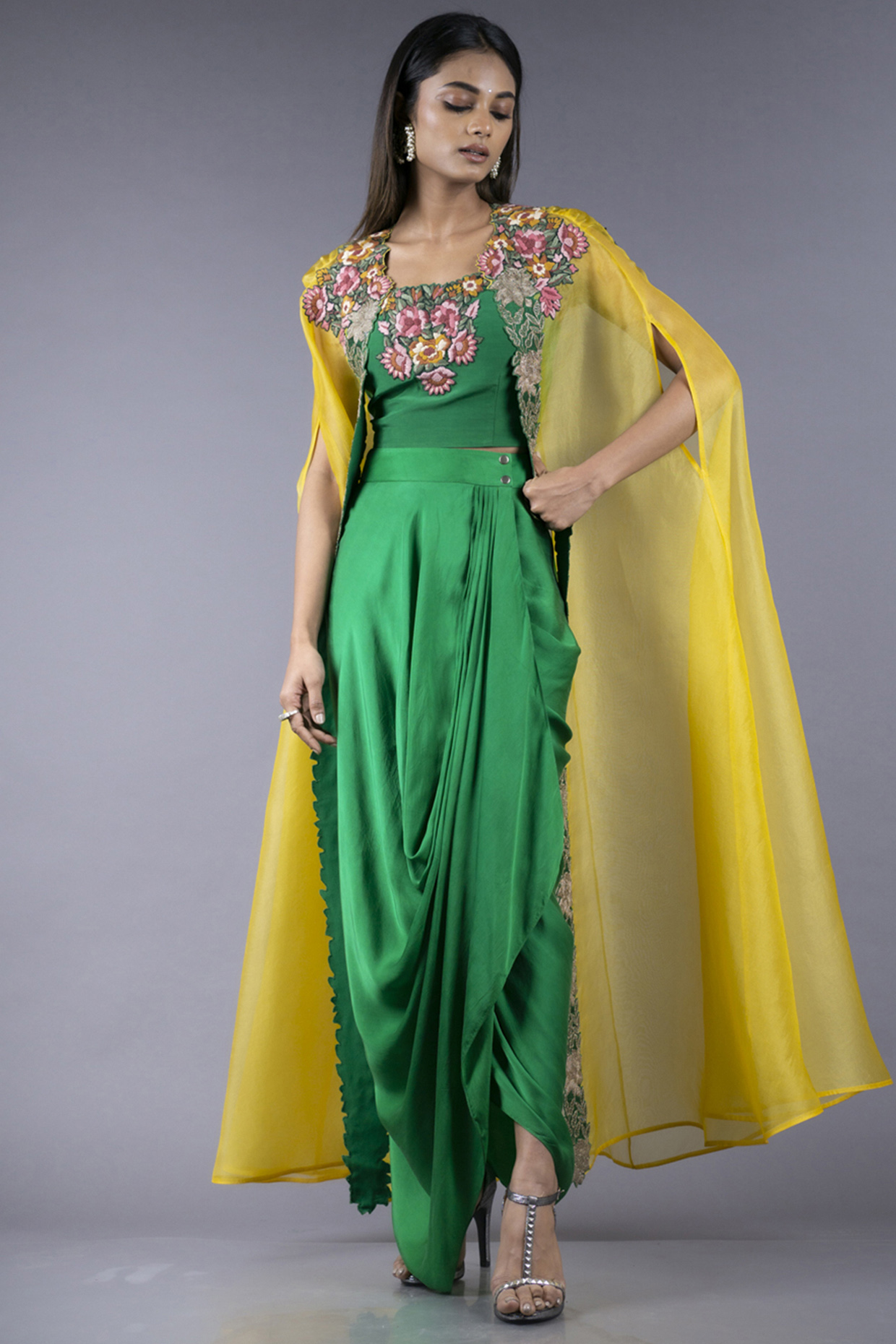 Green Hand Embroidered Skirt Set by Nupur Kanoi