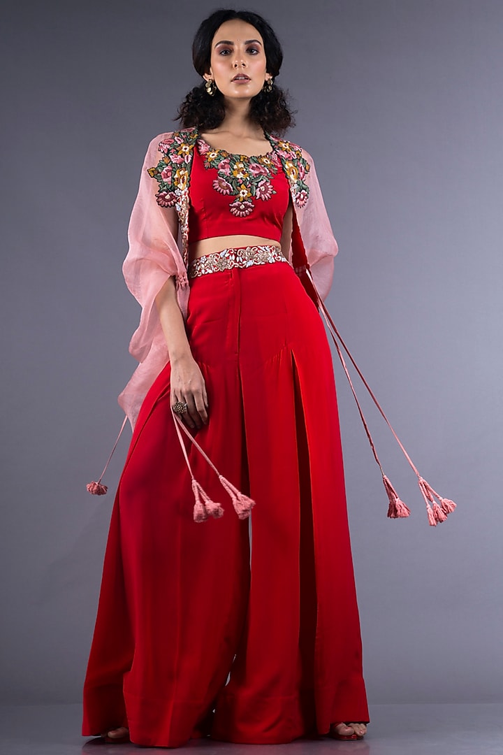 Red Hand Embroidered Pant Set by Nupur Kanoi
