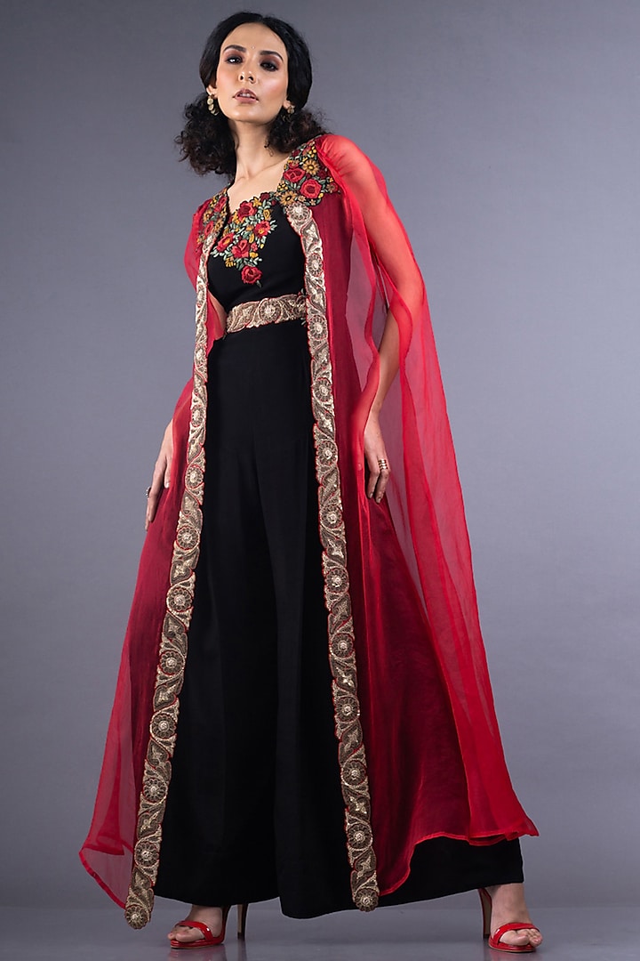 Black Hand Embroidered Jumpsuit With Cape by Nupur Kanoi