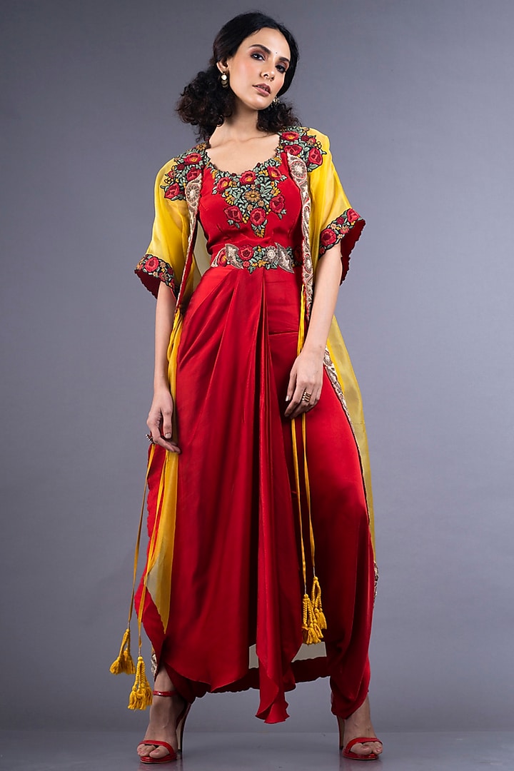Red Embroidered Dhoti Jumpsuit With Cape by Nupur Kanoi