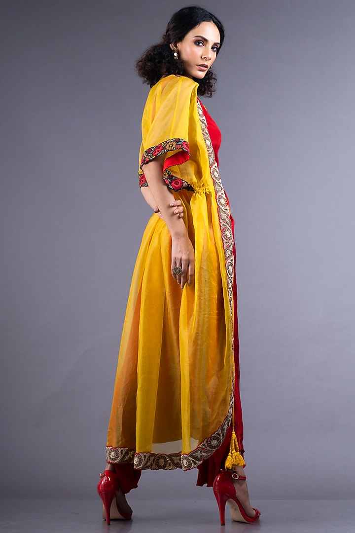Red Embroidered Dhoti Jumpsuit With Cape by Nupur Kanoi at Pernia's Pop Up Shop