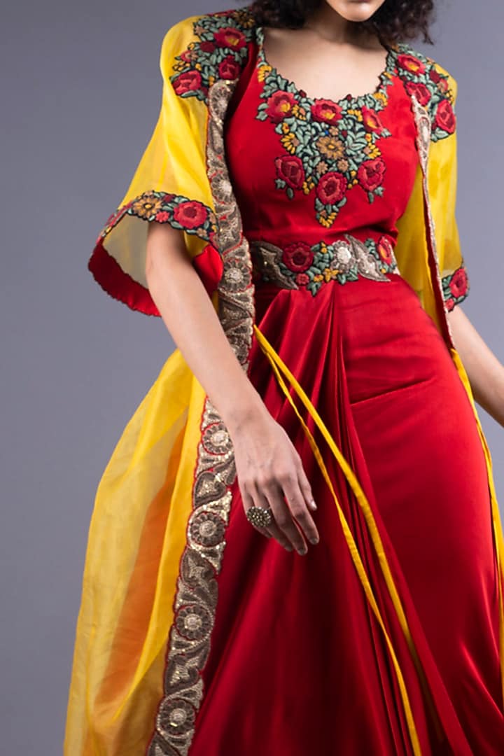 Red Embroidered Dhoti Jumpsuit With Cape by Nupur Kanoi at Pernia's Pop Up Shop