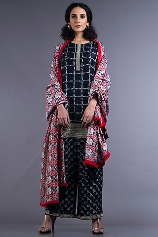Black & Red Embroidered Kurta Set by Nupur Kanoi