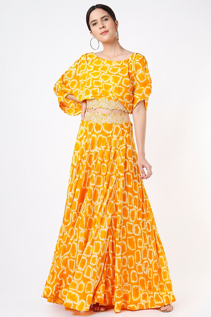 Mustard Printed & Embroidered Wedding Lehenga Set by Nupur Kanoi at Pernia's Pop Up Shop