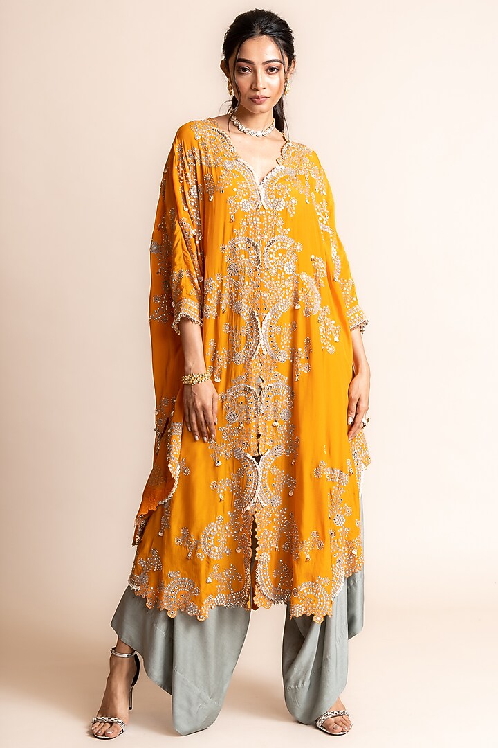 Orange Silk Hand Embroidered Triangular Cape Set by Nupur Kanoi at Pernia's Pop Up Shop