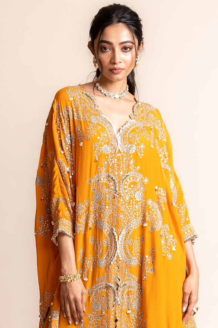 Orange Silk Hand Embroidered Triangular Cape Set by Nupur Kanoi at Pernia's Pop Up Shop