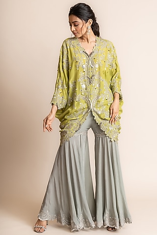 Grey Crepe Hand Embroidered Gharara Set by Nupur Kanoi