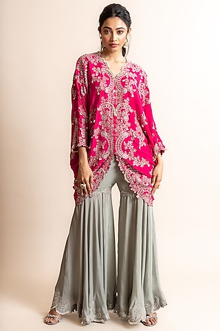 Grey Crepe Hand Embroidered Gharara Set by Nupur Kanoi