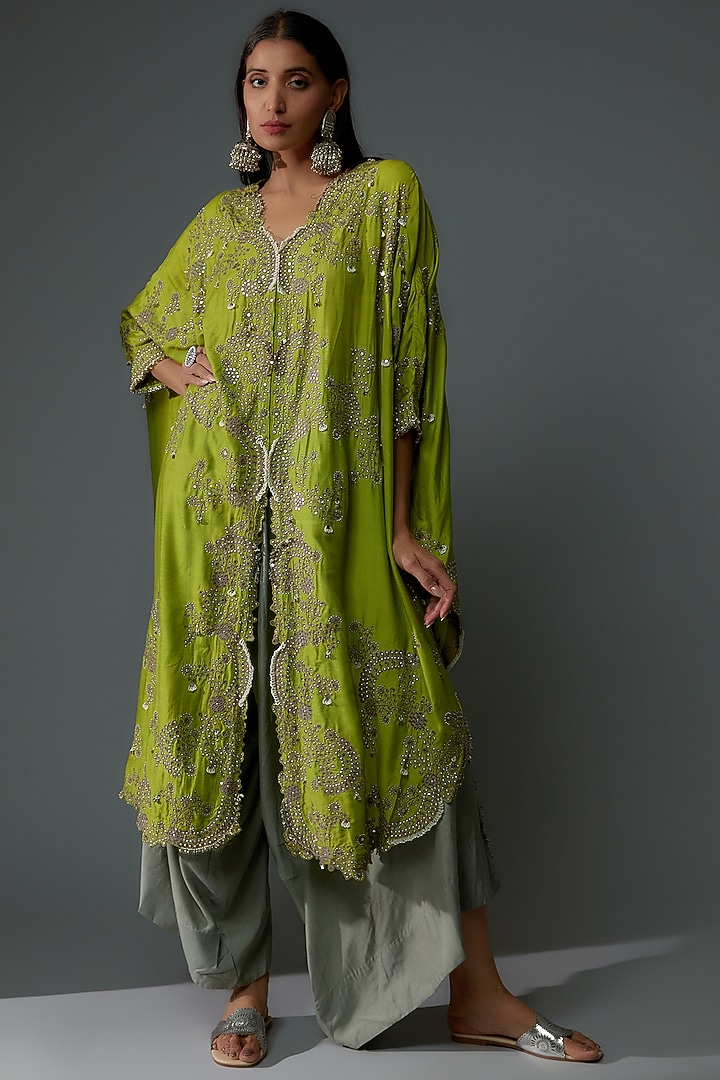 Pista Green Silk Hand Embroidered Cape Set by Nupur Kanoi at Pernia's Pop Up Shop