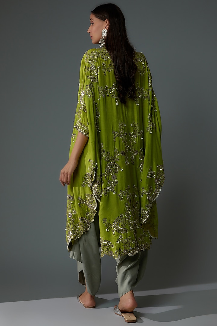 Pista Green Silk Hand Embroidered Cape Set by Nupur Kanoi at Pernia's Pop Up Shop