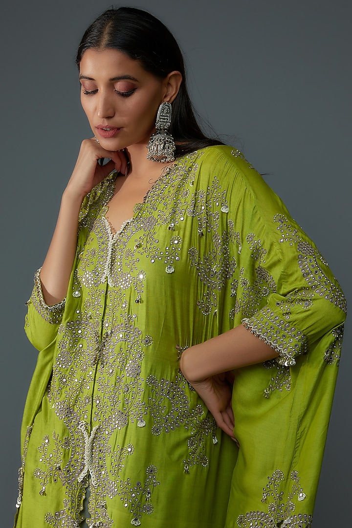 Pista Green Silk Hand Embroidered Cape Set by Nupur Kanoi at Pernia's Pop Up Shop