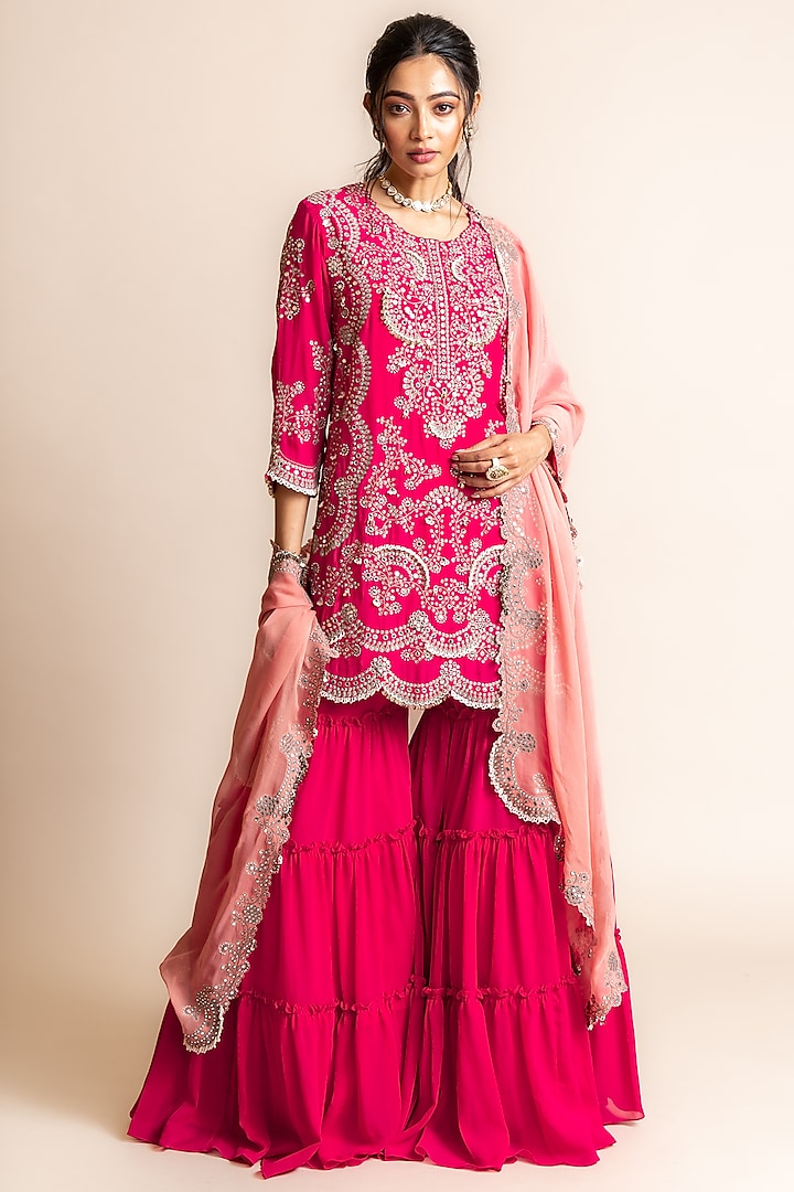 Fuchsia Crepe Tiered Bridal Sharara Set by Nupur Kanoi at Pernia's Pop Up Shop