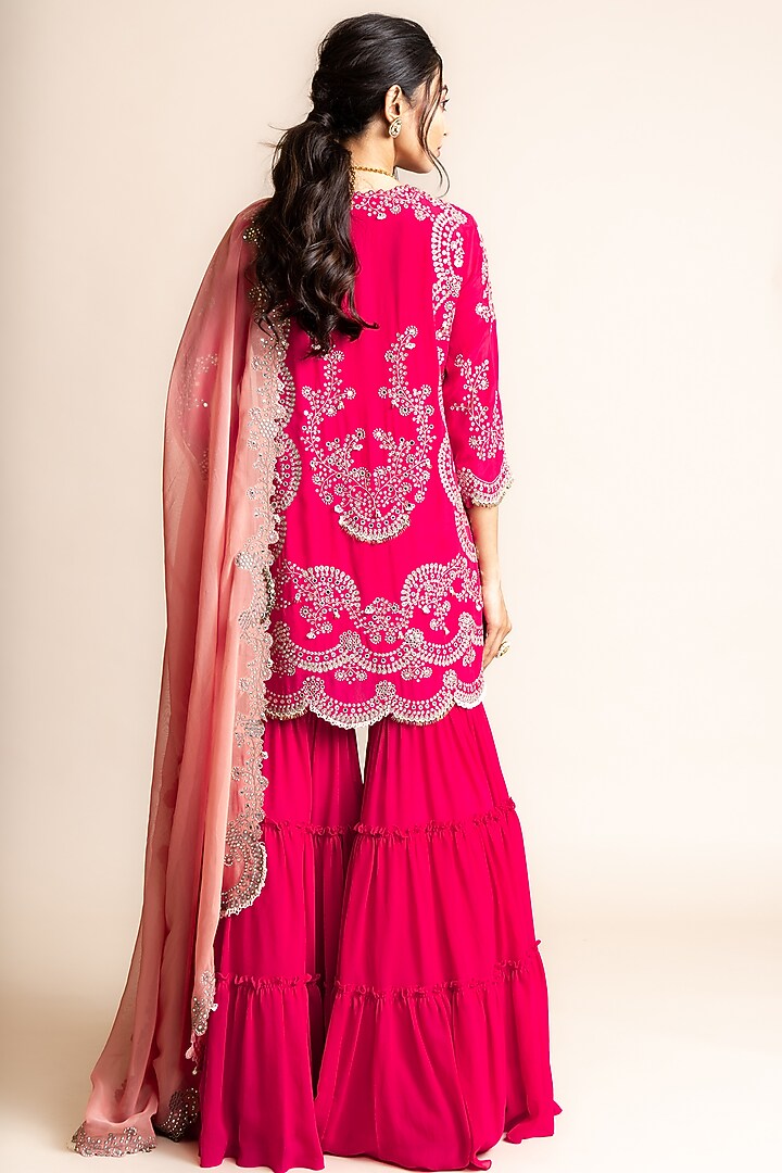 Fuchsia Crepe Tiered Bridal Sharara Set by Nupur Kanoi at Pernia's Pop Up Shop