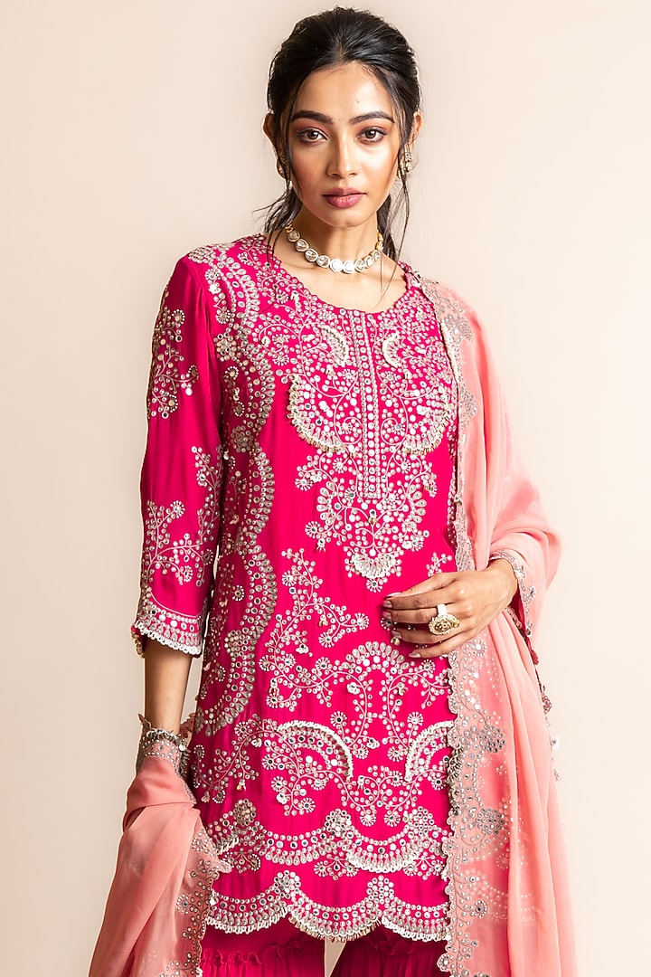 Fuchsia Crepe Tiered Bridal Sharara Set by Nupur Kanoi at Pernia's Pop Up Shop
