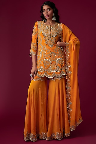 Orange Crepe Embroidered Sharara Set by Nupur Kanoi