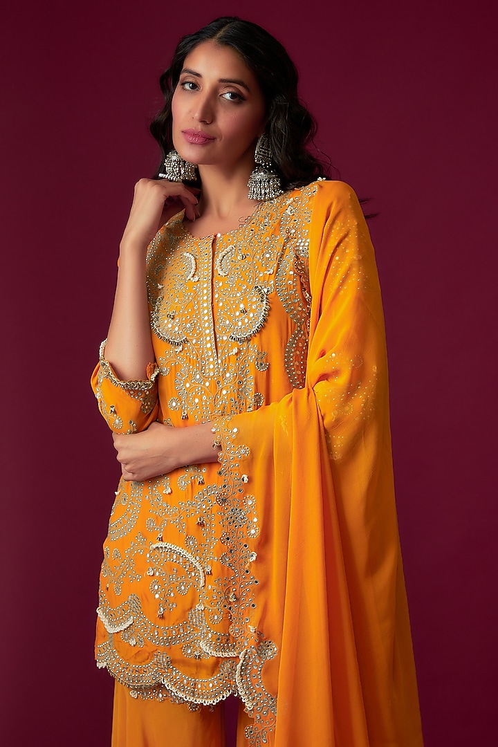 Orange Crepe Embroidered Bridal Sharara Set by Nupur Kanoi at Pernia's Pop Up Shop