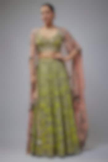 Pista Green Silk & Crepe Hand Embroidered Bridal Lehenga Set by Nupur Kanoi at Pernia's Pop Up Shop