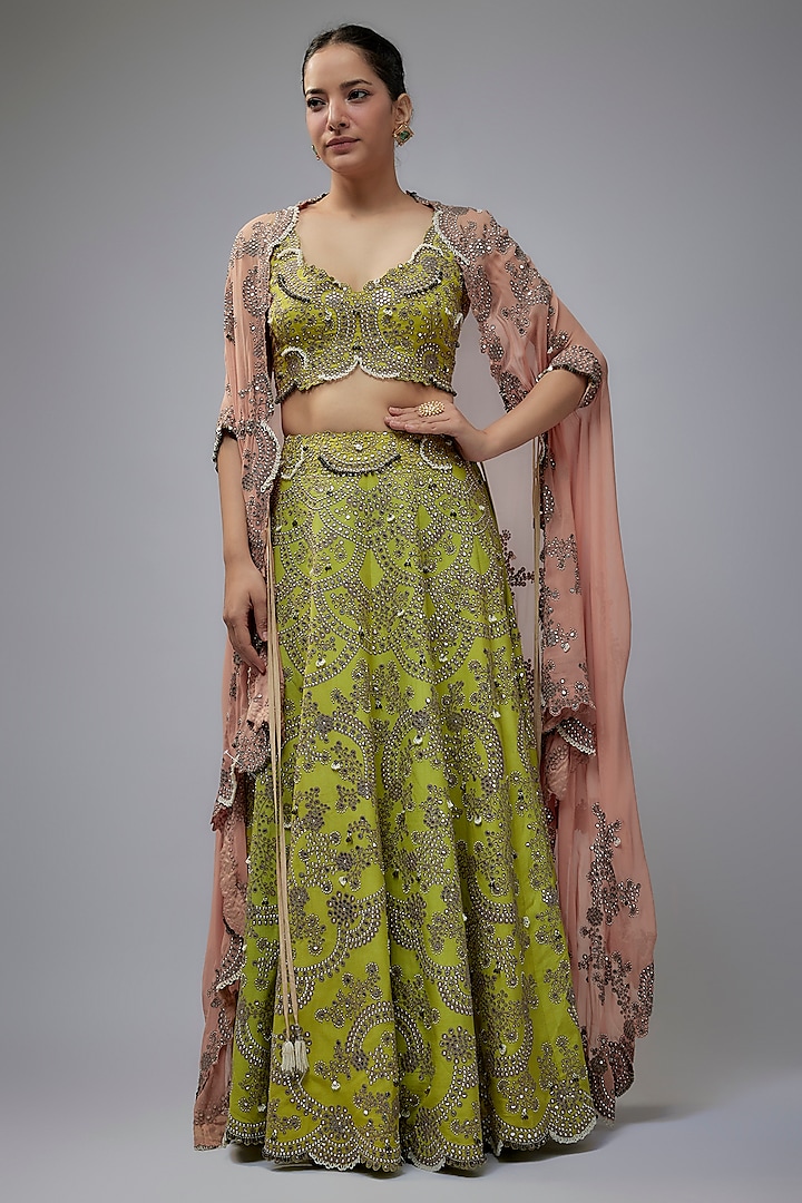 Pista Green Silk & Crepe Hand Embroidered Bridal Lehenga Set by Nupur Kanoi at Pernia's Pop Up Shop