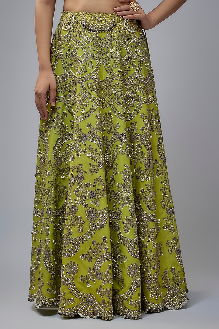 Pista Green Silk & Crepe Hand Embroidered Bridal Lehenga Set by Nupur Kanoi at Pernia's Pop Up Shop