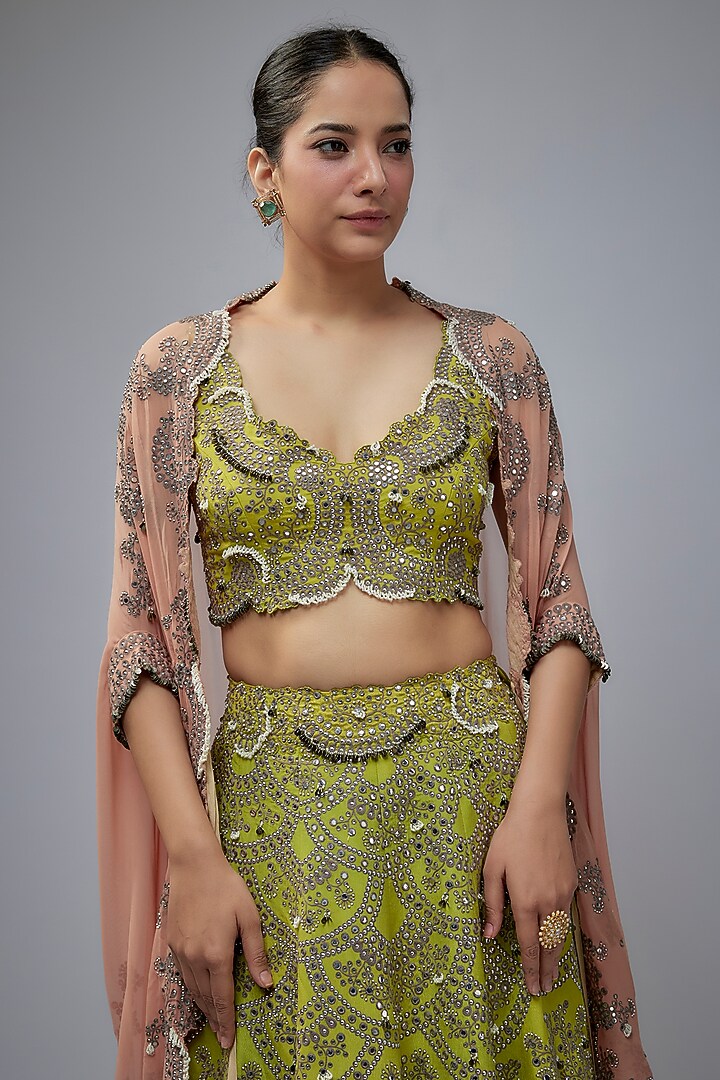 Pista Green Silk & Crepe Hand Embroidered Bridal Lehenga Set by Nupur Kanoi at Pernia's Pop Up Shop