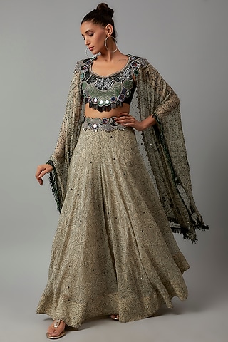 Cream Georgette Printed & Embroidered Jacket Set by Nupur Kanoi
