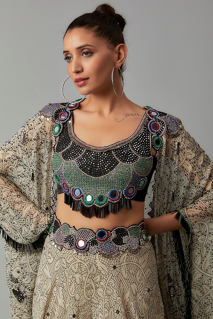 Cream Georgette Printed & Embroidered Jacket Set by Nupur Kanoi at Pernia's Pop Up Shop