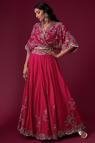Fuchsia Crepe Embroidered Lehenga Set by Nupur Kanoi
