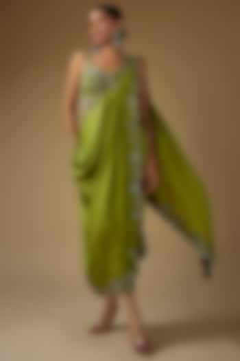 Pista Green Silk Mirror Cutwork Embroidered Pre-Draped Dhoti Reception Saree Set by Nupur Kanoi at Pernia's Pop Up Shop