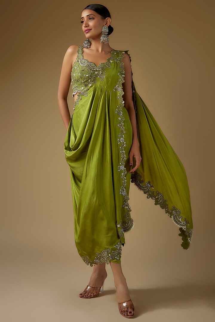 Pista Green Silk Mirror Cutwork Embroidered Pre-Draped Dhoti Reception Saree Set by Nupur Kanoi at Pernia's Pop Up Shop
