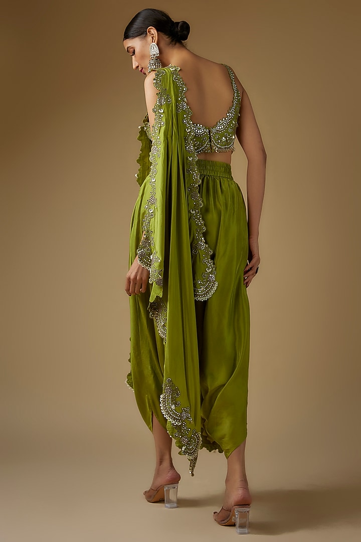Pista Green Silk Mirror Cutwork Embroidered Pre-Draped Dhoti Reception Saree Set by Nupur Kanoi at Pernia's Pop Up Shop