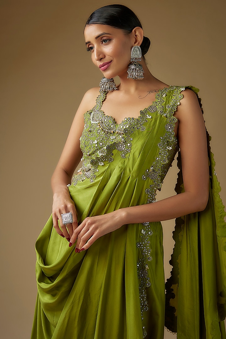 Pista Green Silk Mirror Cutwork Embroidered Pre-Draped Dhoti Reception Saree Set by Nupur Kanoi at Pernia's Pop Up Shop
